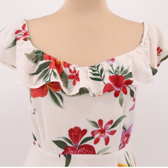 Old Navy Tropical Floral Dress Off Shoulder White Smocked Back Ruffle Size S - Picture 9 of 11